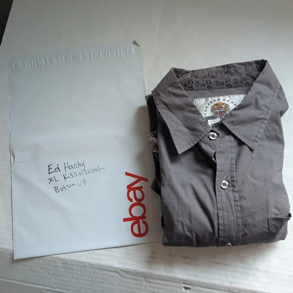 Vtg Ed Hardy Christian Audigier Floral Skull Kiss Of Death Men’s XL Grey - Picture 13 of 16